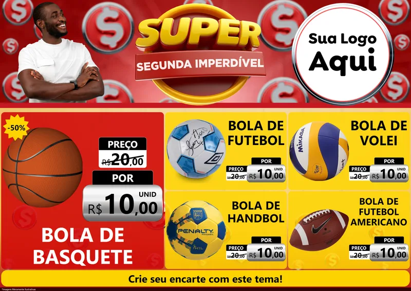 Modelo de Encarte para Encarte A4 Horizontal com o tema Super Segunda Imperdível para Artigos Esportivos