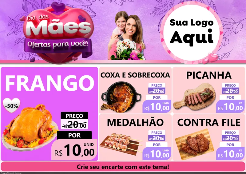 Modelo de Encarte para Encarte A4 Horizontal com o tema Dia das Mães Ofertas para Você! para Assados
