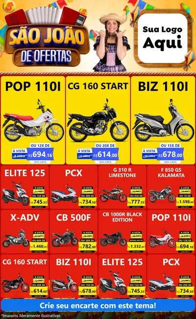 Modelo de Encarte para Encarte Grande com o tema São João de Ofertas para Concessionaria de Motos