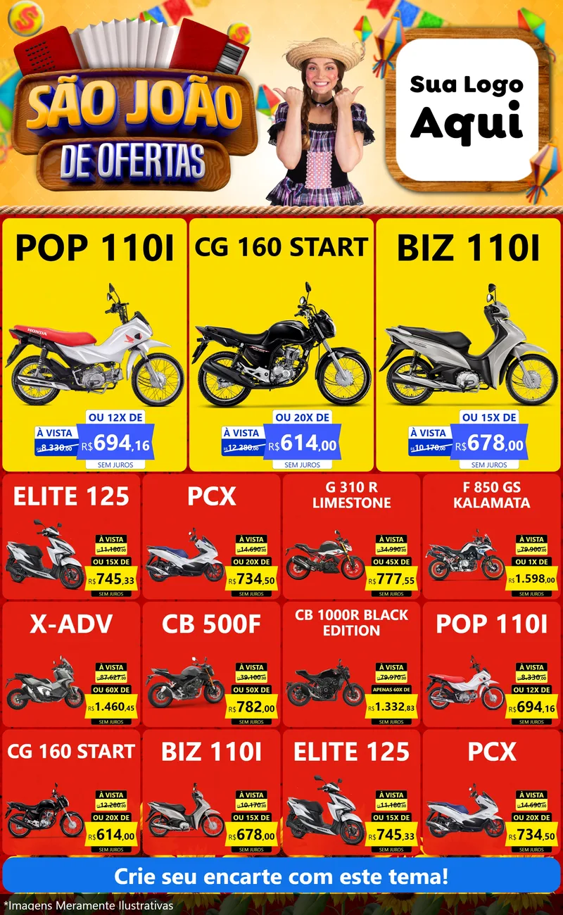 Modelo de Encarte para Encarte Grande com o tema São João de Ofertas para Concessionaria de Motos