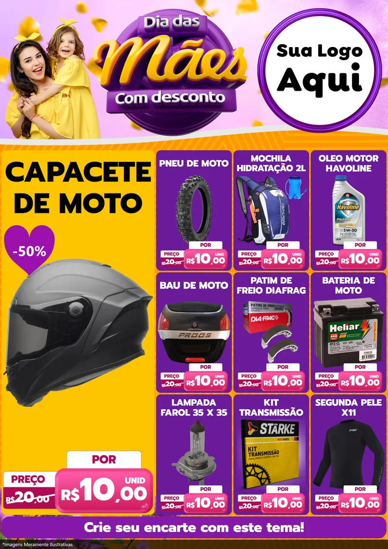 Modelo de Encarte para Encarte A4 Vertical com o tema Dia das Mães com Desconto para Moto peças