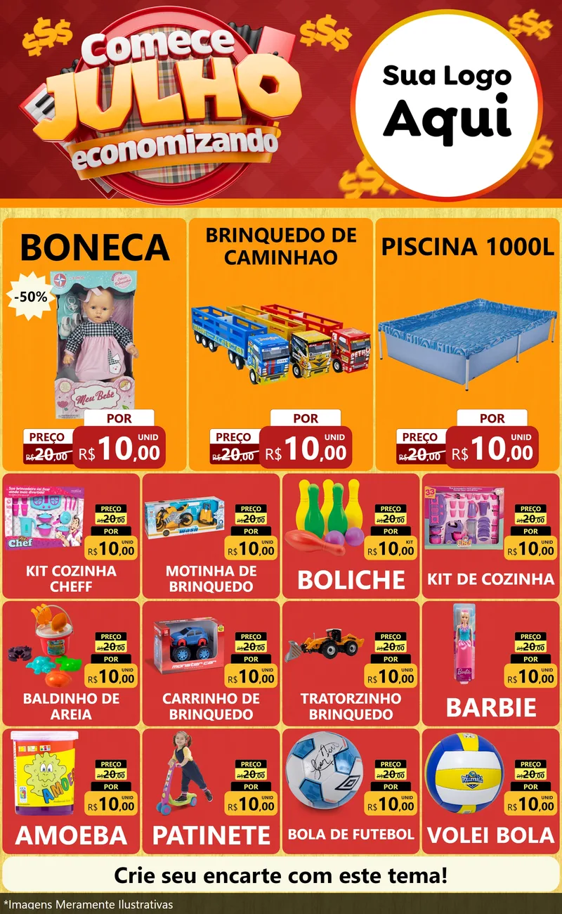 Modelo de Encarte para Encarte Grande com o tema Comece Julho Economizando para Brinquedos