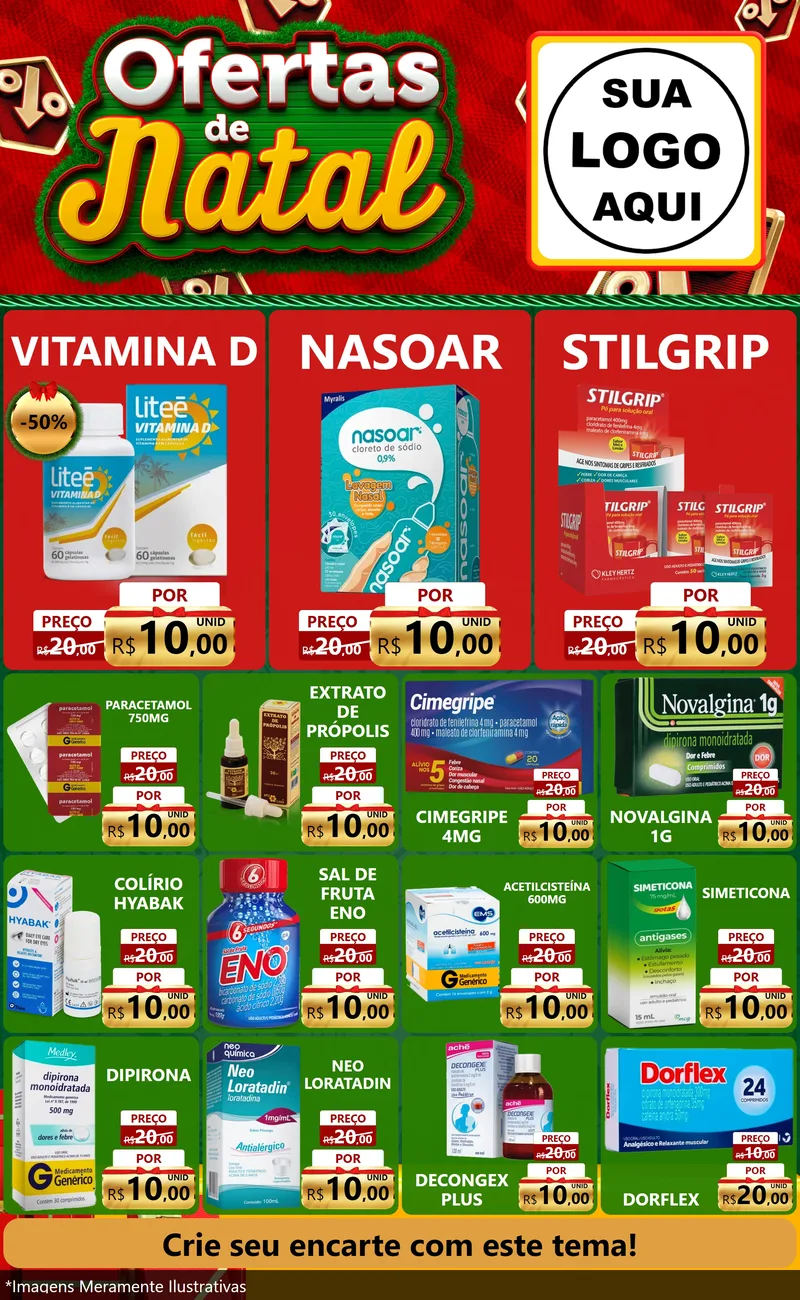 Modelo de Encarte para Encarte Grande com o tema Ofertas de Natal para Farmácia
