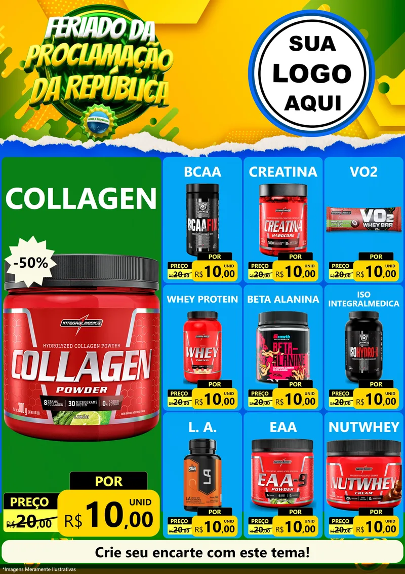 Modelo de Encarte para Encarte A4 Vertical com o tema Feriado da Proclamação da República para Suplementos alimentares