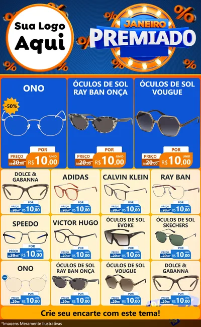 Modelo de Encarte para Encarte Grande com o tema Janeiro Premiado para Óticas