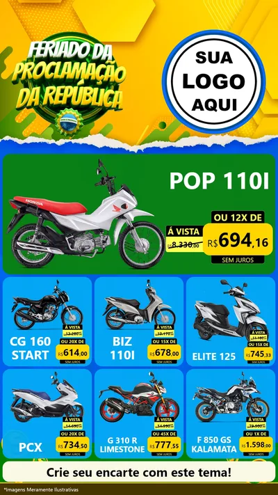Modelo de Rede Social para Stories com o tema Feriado da Proclamação da República para Concessionaria de Motos