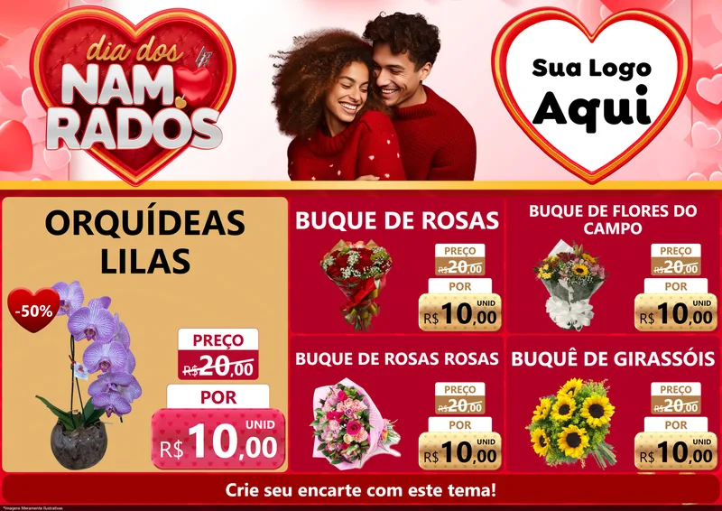 Modelo de Encarte para Encarte A4 Horizontal com o tema Dia dos Namorados para Floricultura e jardim
