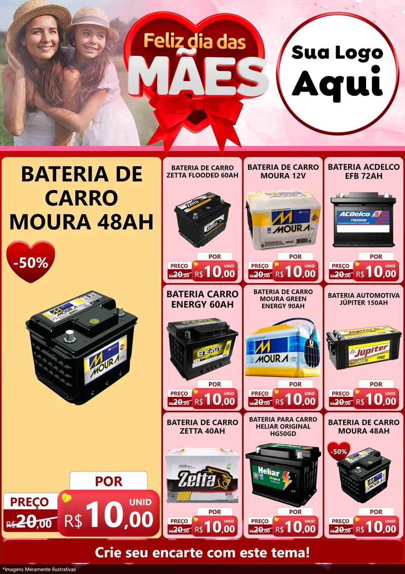 Modelo de Encarte para Encarte A4 Vertical com o tema Feliz Dia Das Mães para Baterias Elétricas