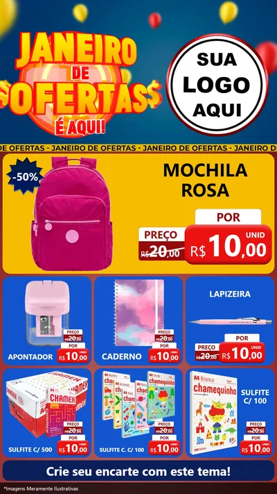 Modelo de Rede Social para Stories com o tema Janeiro de Ofertas É Aqui! para Papelaria
