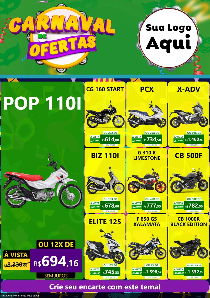 Modelo de Encarte para Encarte A4 Vertical com o tema Carnaval de Ofertas para Concessionaria de Motos