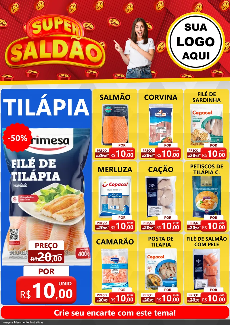 Modelo de Encarte para Encarte A4 Vertical com o tema Super Saldão para Peixaria
