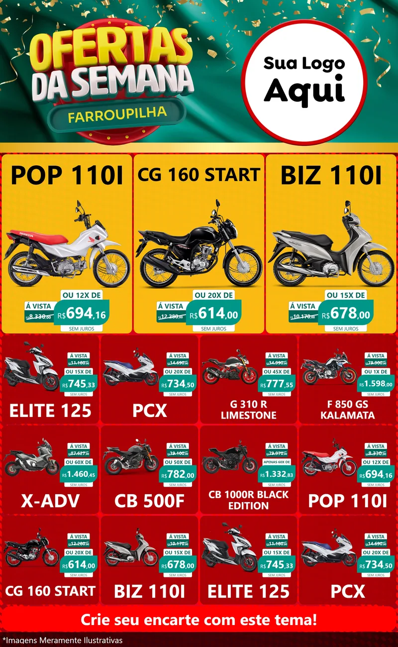 Modelo de Encarte para Encarte Grande com o tema Ofertas da Semana Farroupilha para Concessionaria de Motos