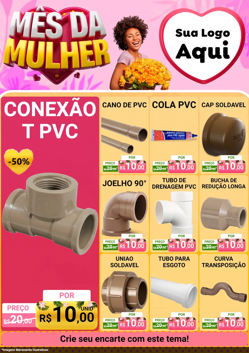 Modelo de Encarte para Encarte A4 Vertical com o tema Mês da Mulher para Tubos e conexões