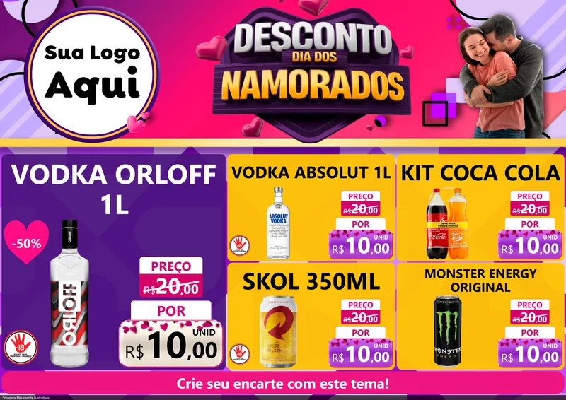 Modelo de Encarte para Encarte A4 Horizontal com o tema Desconto Dia dos Namorados para Distribuidora de bebidas
