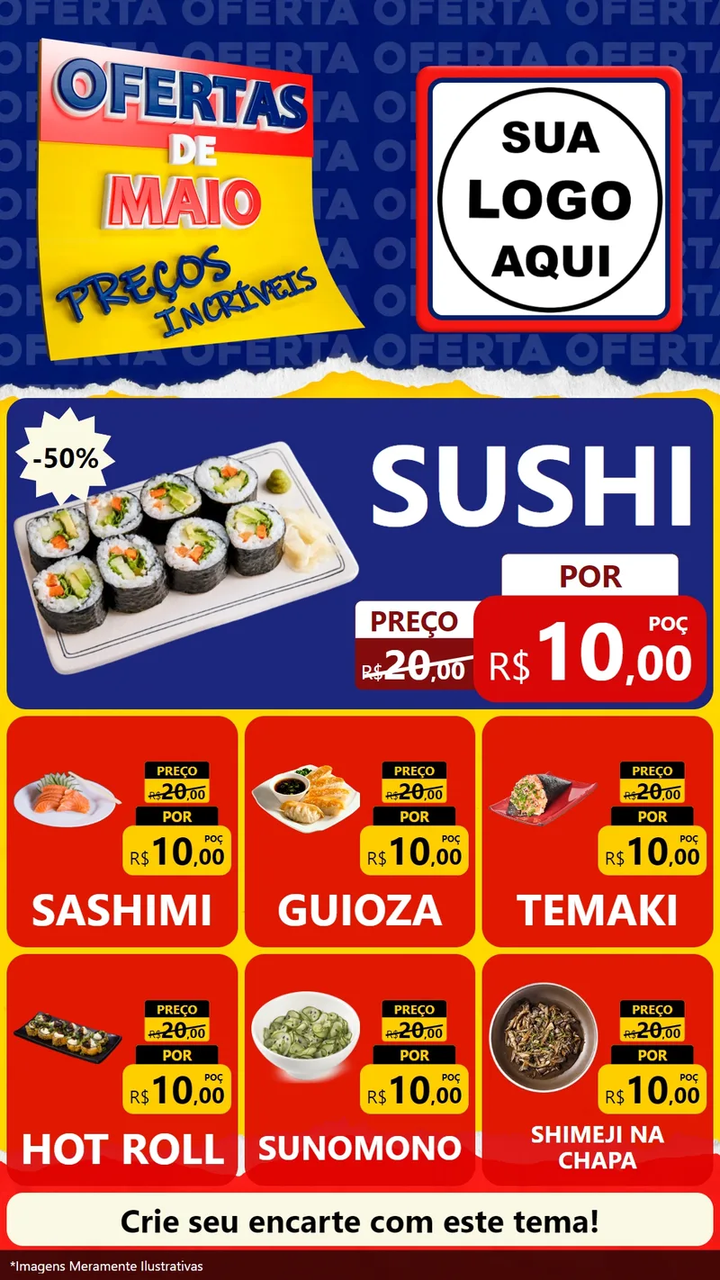 Modelo de Rede Social para Stories com o tema Ofertas de Maio - Preços Incríveis para Comida japonesa