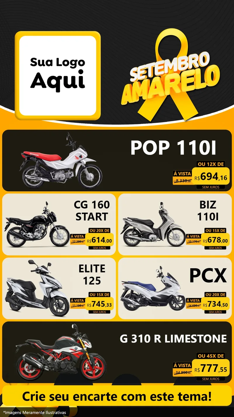 Modelo de TV para TV Vertical com o tema Setembro Amarelo para Concessionaria de Motos
