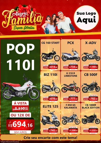 Modelo de Encarte para Encarte A4 Vertical com o tema Alegria em Família Super Ofertas - Natal para Concessionaria de Motos