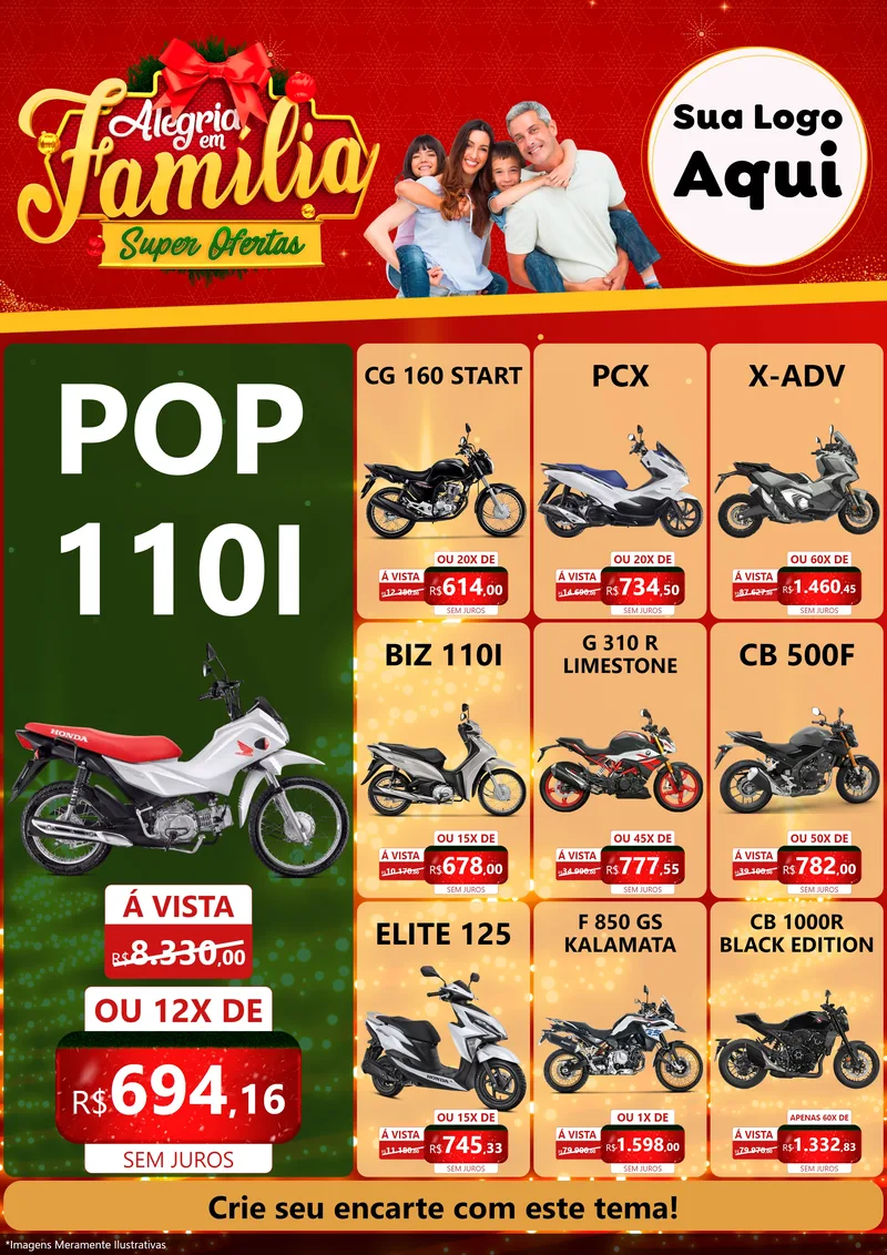 Modelo de Encarte para Encarte A4 Vertical com o tema Alegria em Família Super Ofertas - Natal para Concessionaria de Motos