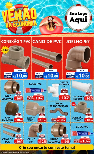 Modelo de Encarte para Encarte Grande com o tema Verão da Economia para Tubos e conexões