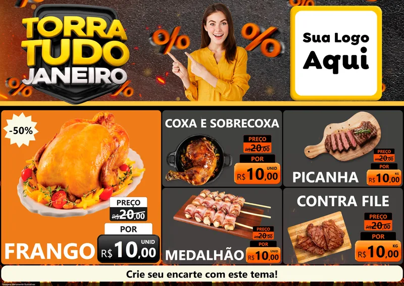 Modelo de Encarte para Encarte A4 Horizontal com o tema Torra Tudo Janeiro para Assados