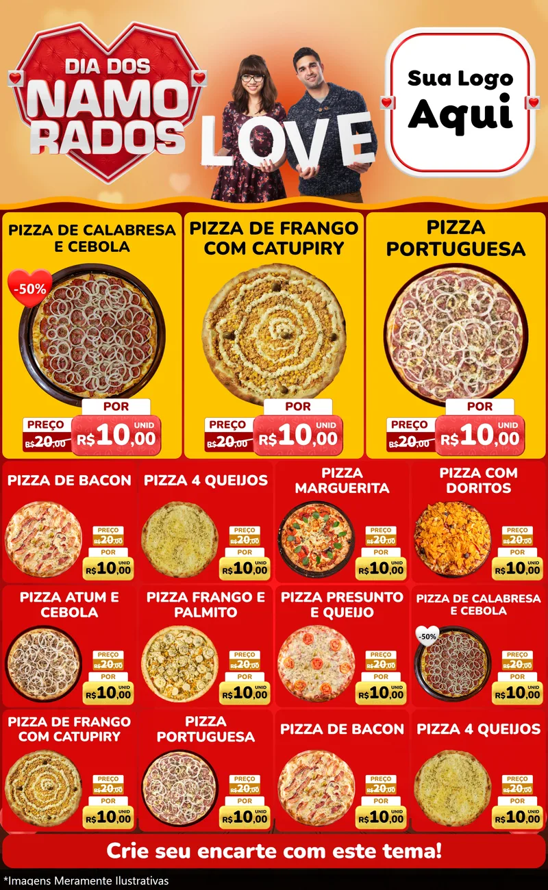 Modelo de Encarte para Encarte Grande com o tema Dia dos Namorados para Pizzaria