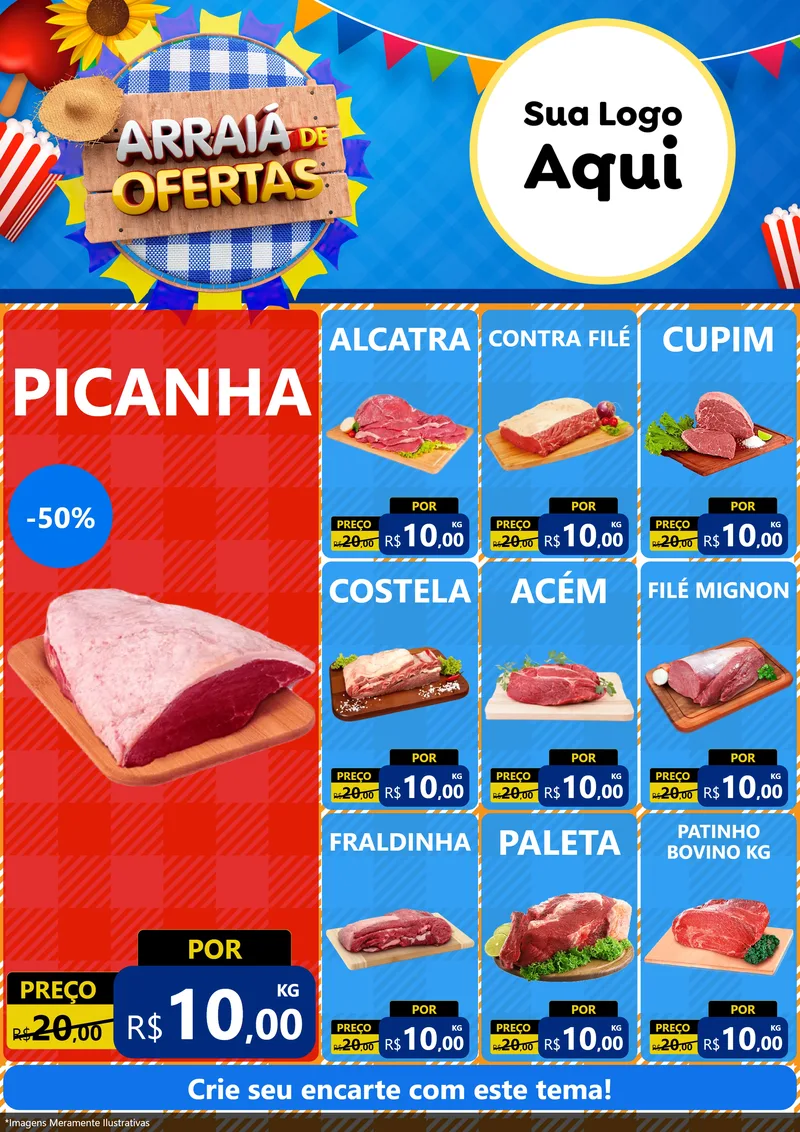 Modelo de Encarte para Encarte A4 Vertical com o tema Arraiá de Ofertas para Açougue