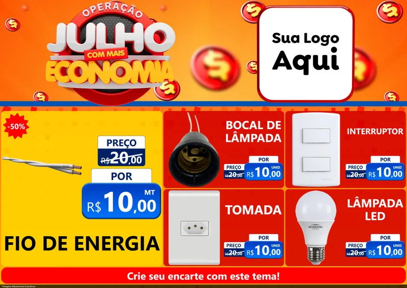 Modelo de Encarte para Encarte A4 Horizontal com o tema Operação Julho Com Mais Economia para Materiais Elétricos