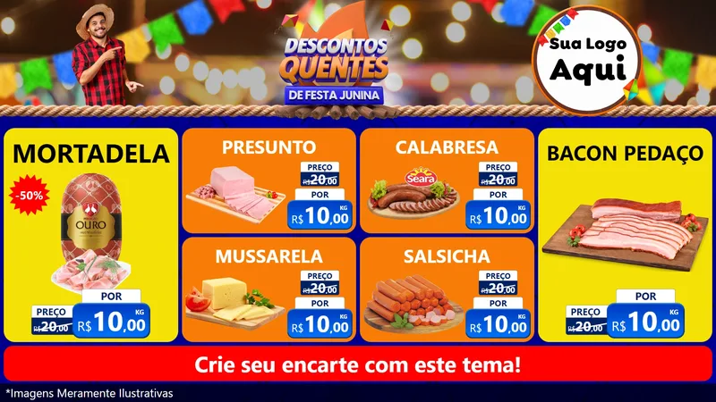 Modelo de TV para TV Horizontal com o tema Descontos Quentes de Festa Junina para Frios e Laticínios