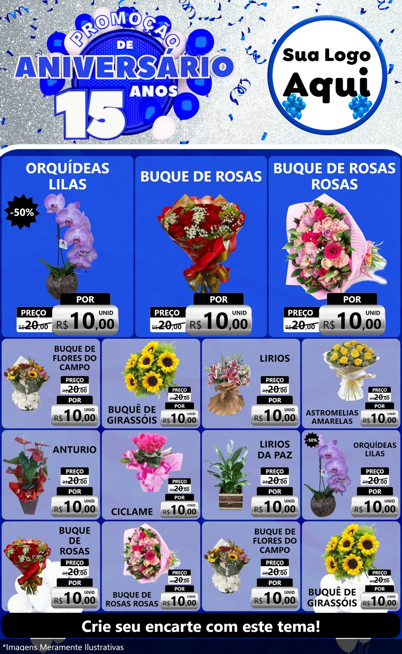 Modelo de Encarte para Encarte Grande com o tema Promoção de Aniversário - 15 Anos para Floricultura e jardim