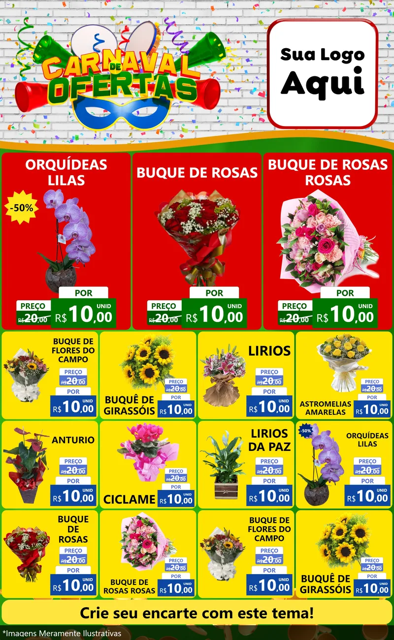 Modelo de Encarte para Encarte Grande com o tema Carnaval de Ofertas para Floricultura e jardim