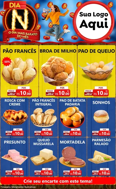 Modelo de Encarte para Encarte Grande com o tema Dia N - O Dia Mais Barato Do Mês para Padaria