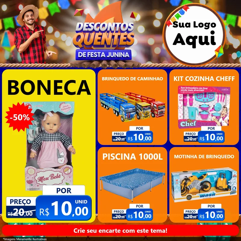 Modelo de Rede Social para Feed Facebook com o tema Descontos Quentes de Festa Junina para Brinquedos