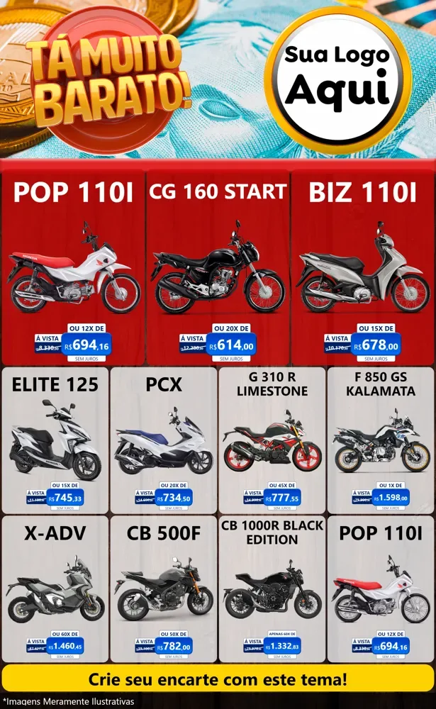 Modelo de Encarte para Encarte Grande com o tema Está Muito Barato para Concessionaria de Motos