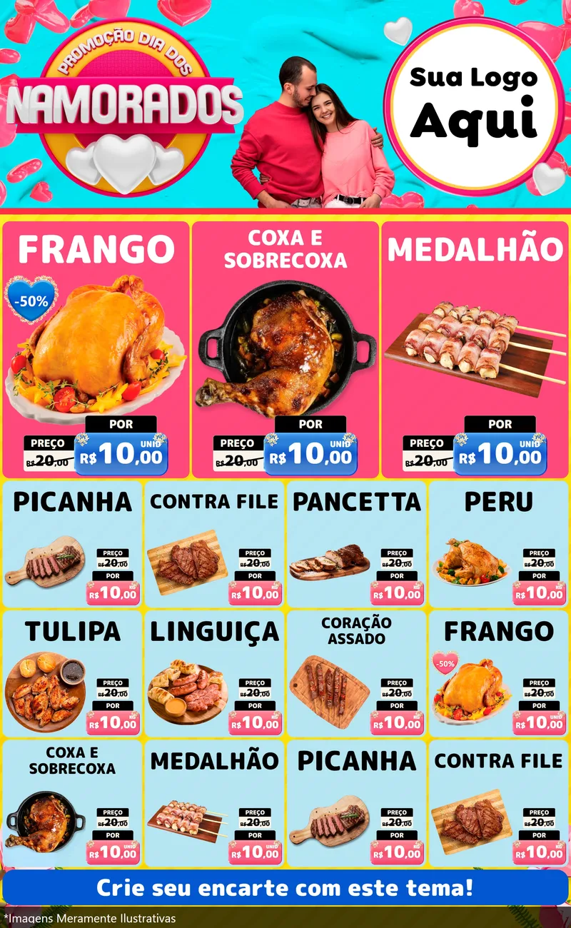 Modelo de Encarte para Encarte Grande com o tema Promoção Dia dos Namorados para Assados