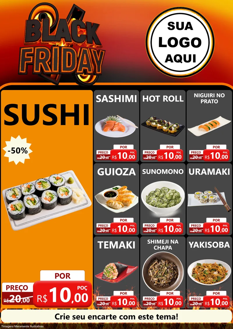 Modelo de Encarte para Encarte A4 Vertical com o tema Black Friday para Comida japonesa