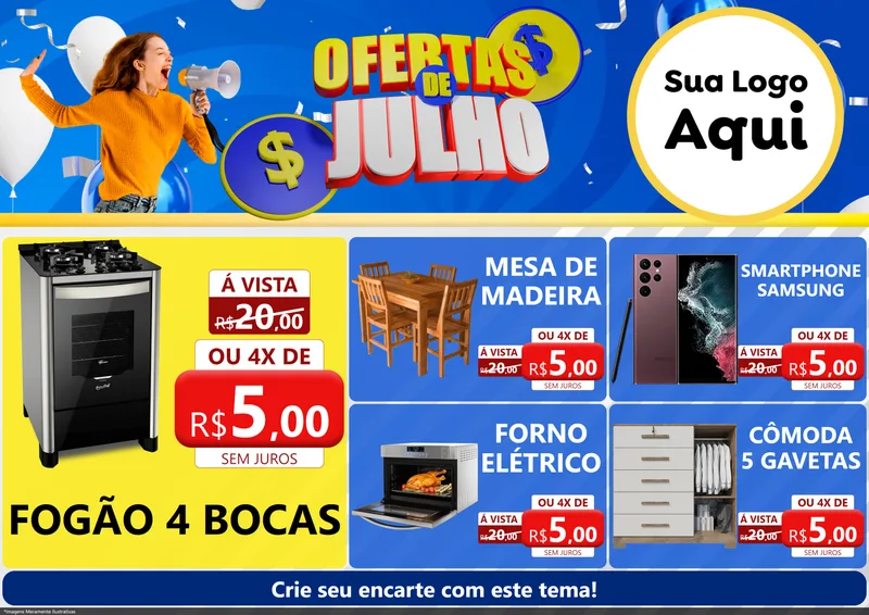Modelo de Encarte para Encarte A4 Horizontal com o tema Ofertas de Julho para Móveis e Eletro