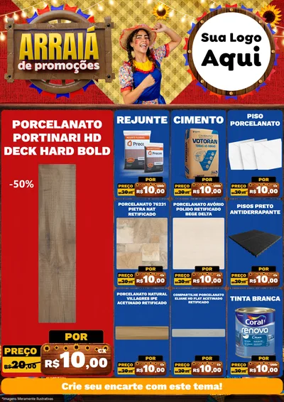 Modelo de Encarte para Encarte A4 Vertical com o tema Arraiá de Promoções para Pisos e revestimentos