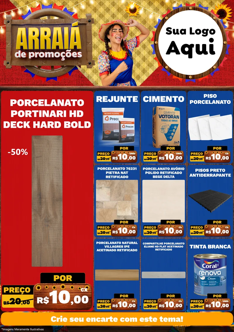 Modelo de Encarte para Encarte A4 Vertical com o tema Arraiá de Promoções para Pisos e revestimentos