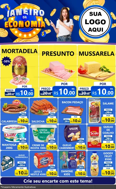 Modelo de Encarte para Encarte Grande com o tema Janeiro da Economia para Frios e Laticínios