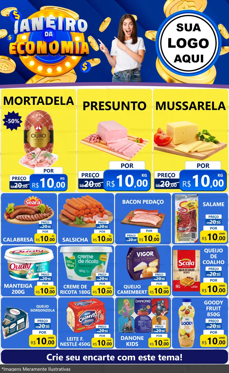 Modelo de Encarte para Encarte Grande com o tema Janeiro da Economia para Frios e Laticínios