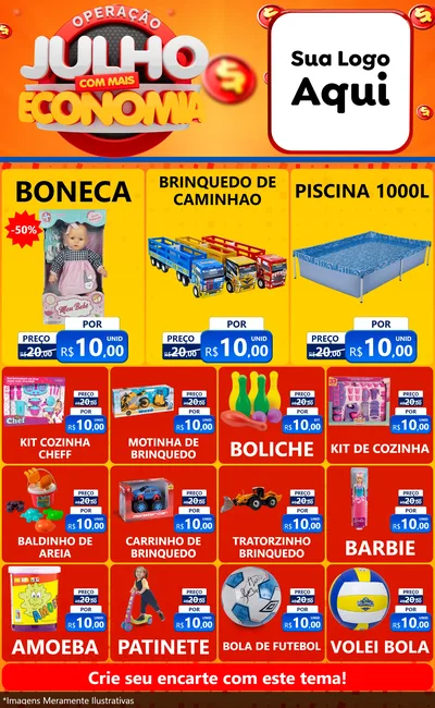 Modelo de Encarte para Encarte Grande com o tema Operação Julho Com Mais Economia para Brinquedos