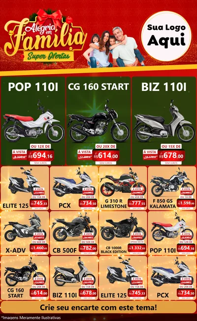 Modelo de Encarte para Encarte Grande com o tema Alegria em Família Super Ofertas - Natal para Concessionaria de Motos