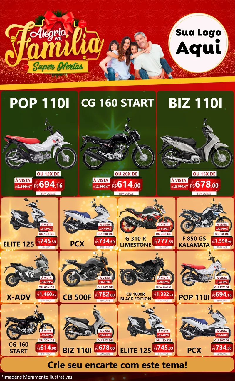 Modelo de Encarte para Encarte Grande com o tema Alegria em Família Super Ofertas - Natal para Concessionaria de Motos