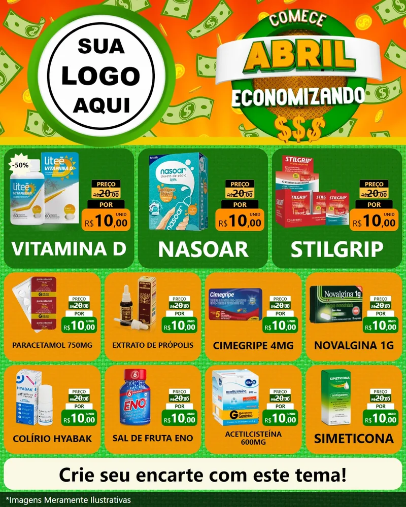Modelo de Rede Social para Feed Instagram com o tema Comece Abril Economizando para Farmácia