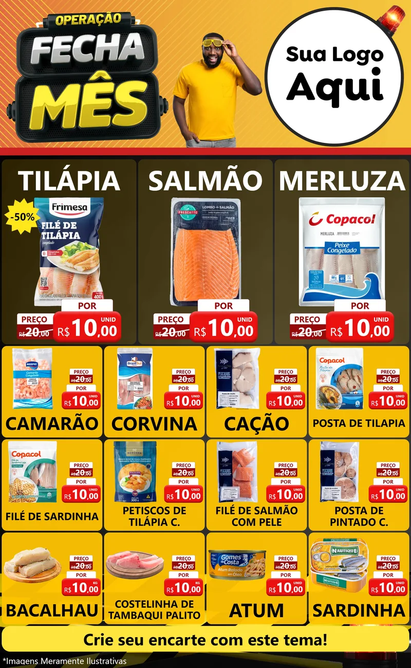 Modelo de Encarte para Encarte Grande com o tema Operação Fecha Mês para Peixaria