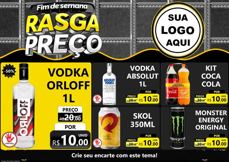 Modelo de Encarte para Encarte A4 Horizontal com o tema Fim de Semana Rasga Preço para Distribuidora de bebidas