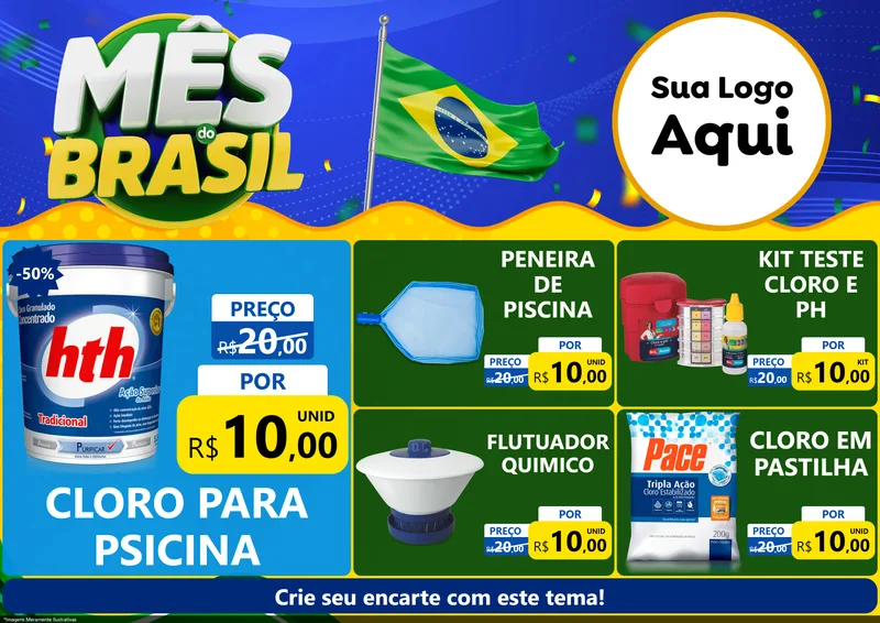 Modelo de Encarte para Encarte A4 Horizontal com o tema Mês do Brasil para Produtos para Piscina