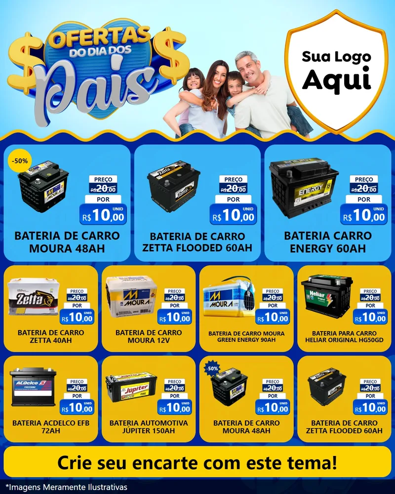 Modelo de Rede Social para Feed Instagram com o tema Ofertas do Dia dos Pais para Baterias Elétricas