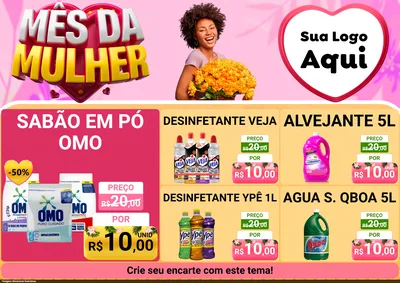 Modelo de Encarte para Encarte A4 Horizontal com o tema Mês da Mulher para Produtos de Limpeza