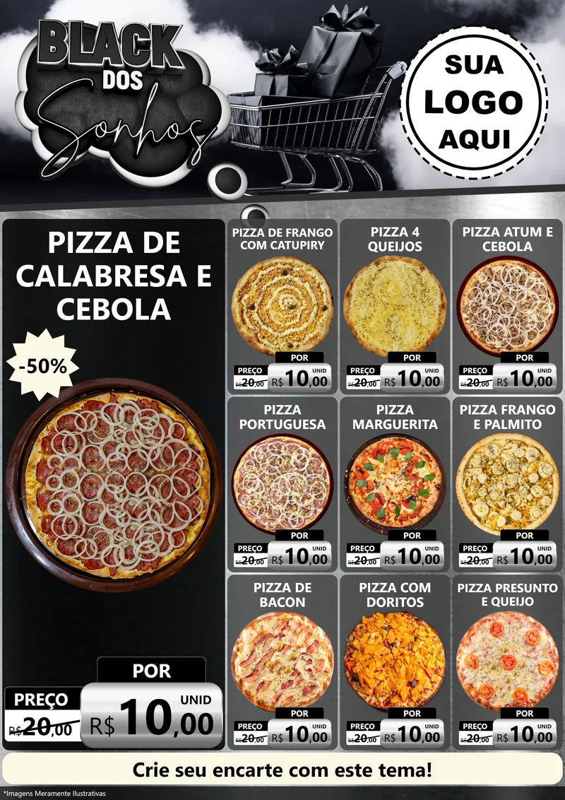 Modelo de Encarte para Encarte A4 Vertical com o tema Black dos Sonhos para Pizzaria
